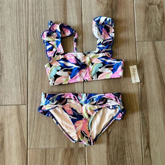 Raisins Girls Multicolor Leaf Print Bikini Set with Ruffled Straps Size M - Picture 1 of 5